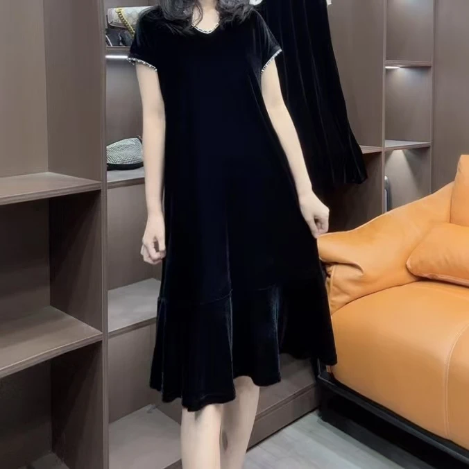 【峰姐女装】原创后一排扣重工串珠边鱼尾丝绒裙8679【WQ】