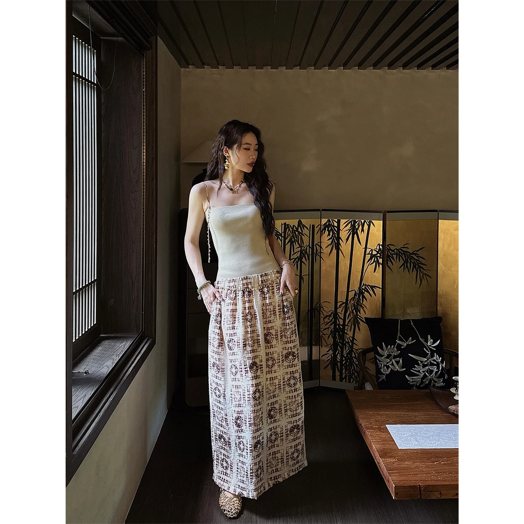 三吉黑花【简瓶】天丝收腰连衣裙无结双曲罗纹拼2025夏季流行单品