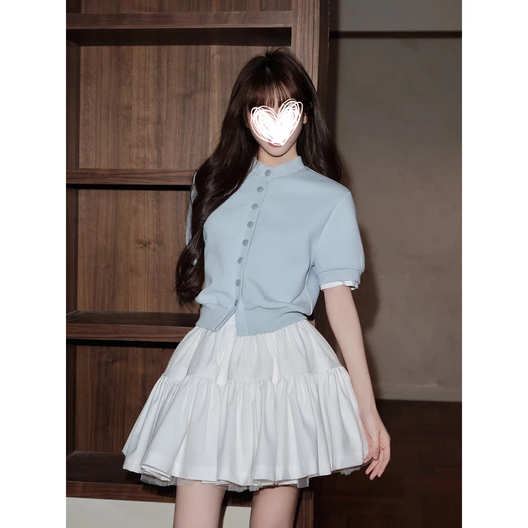 FRVXO修身收腰撞色假两件短袖开衫上衣蓬蓬裙半身裙伞裙套装