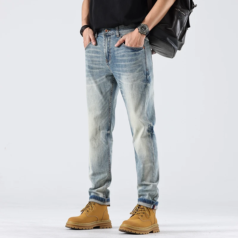 欧美高奢浅色牛仔裤男春夏新款弹力修身直筒时尚潮牌高级美式裤子