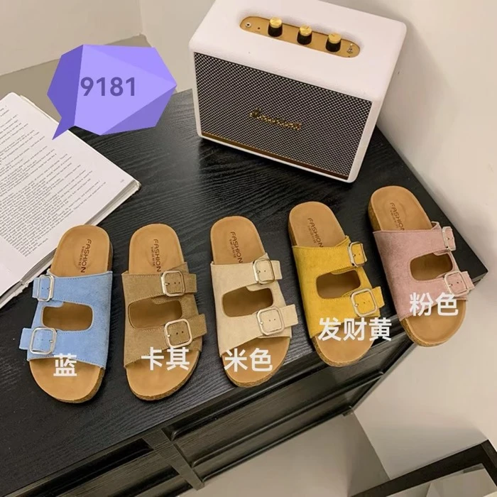 女士黄色一字拖反绒沙滩少女风防滑常规凉拖鞋一字型简约