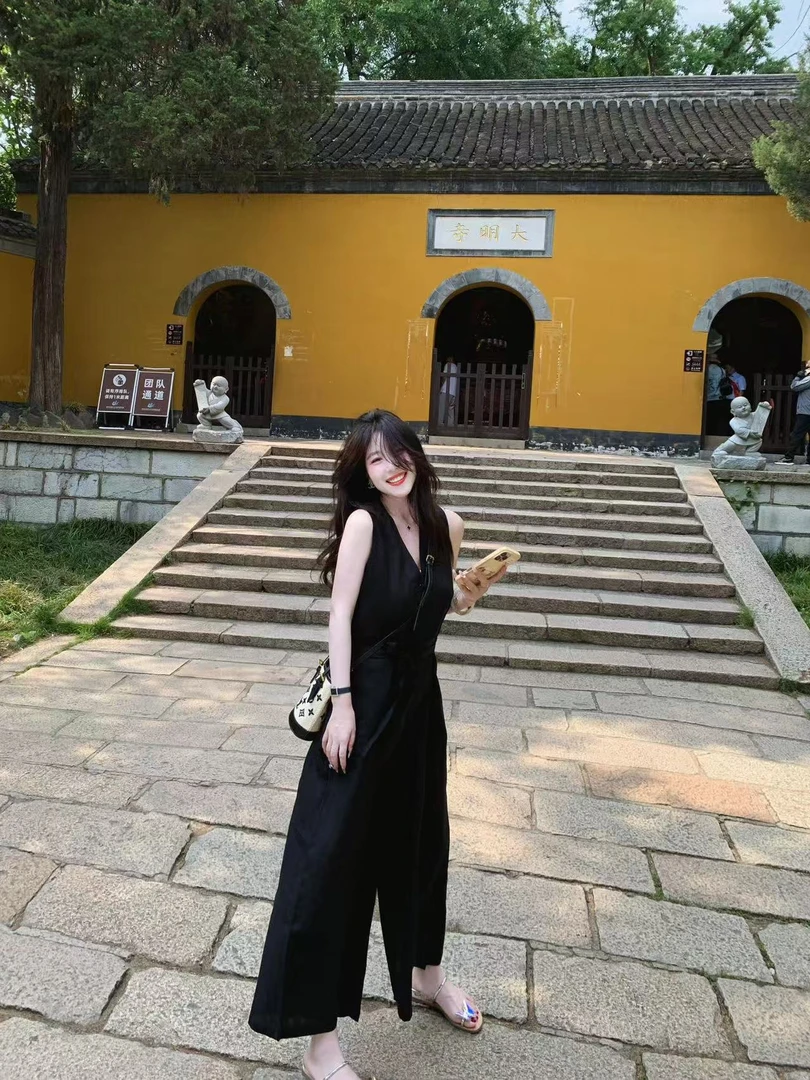 2025夏季新款文艺宽松休闲裤背心黑色连体工装裤女休闲慵懒