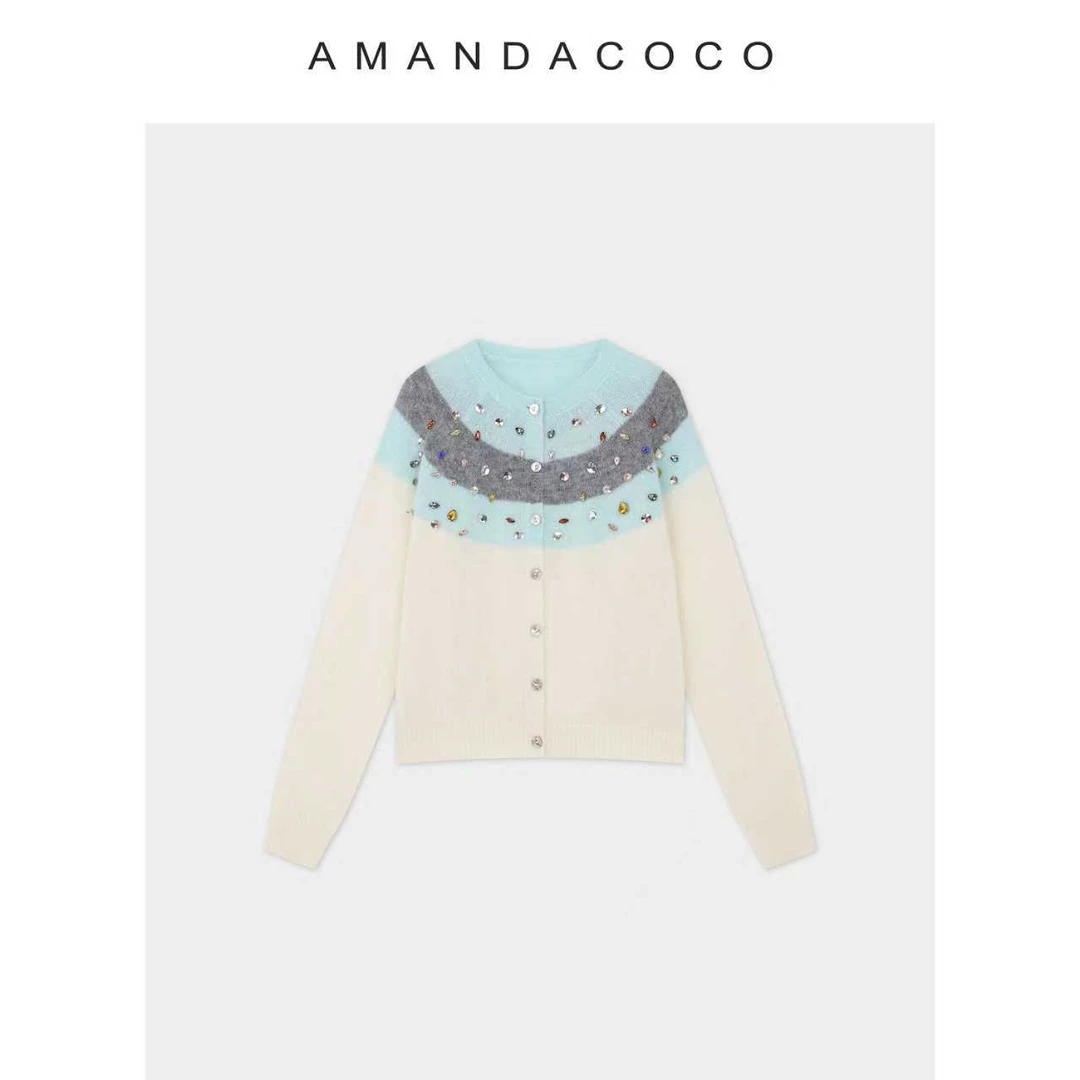 浪漫时区～25秋冬设计感串钻圆领拼色条纹减龄针织衫