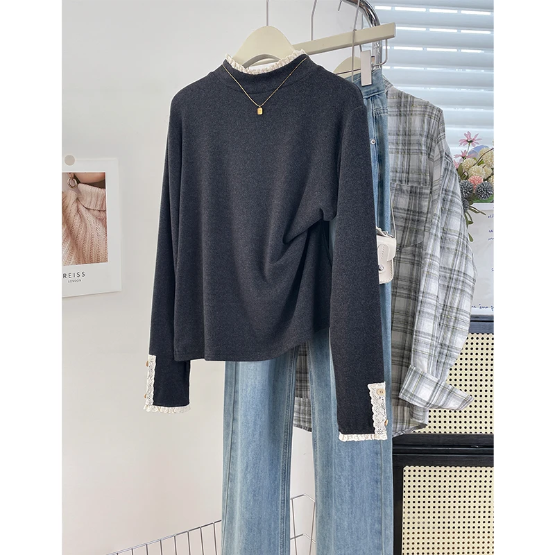 冬季新款韩系简约半高领慕斯绒长袖T恤女通勤百搭蕾丝花边打底衫