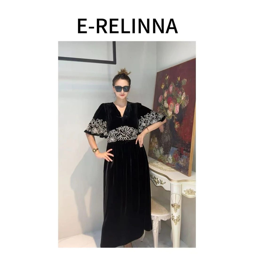 真丝丝绒重工刺绣喇叭袖高级优雅连衣裙