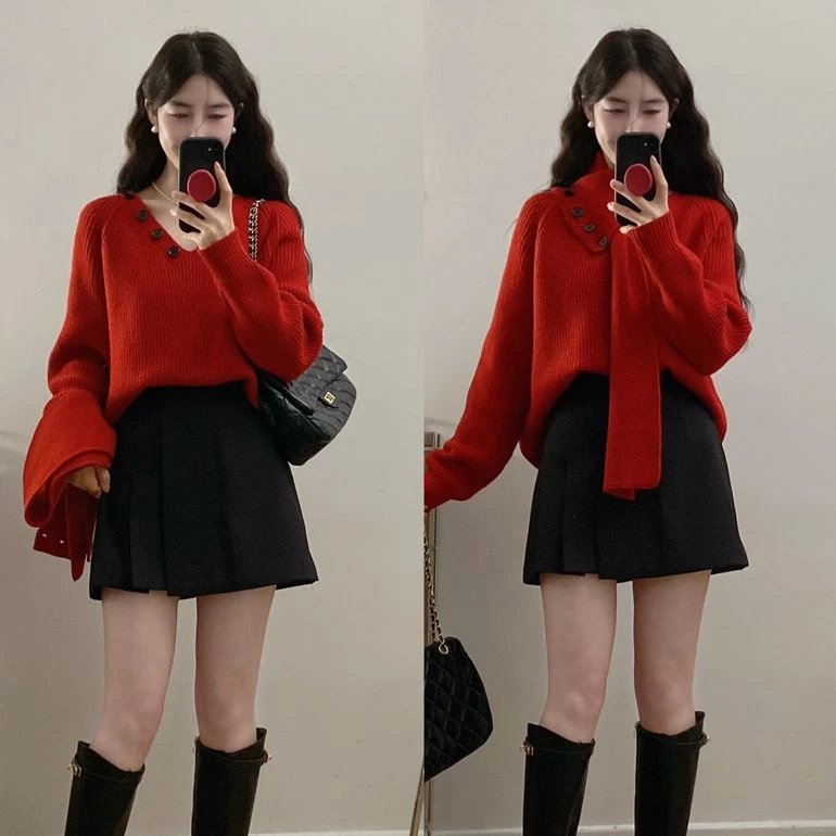 C-7836胖颖专属大码春季新款可拆卸围巾遮肉显瘦毛衫