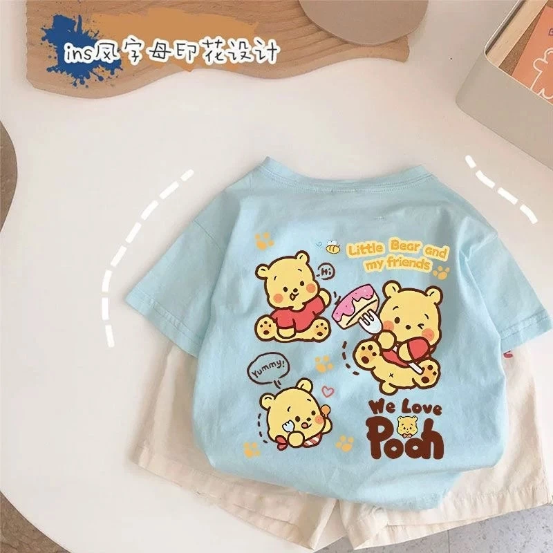 纯棉卡通小熊印花字母短袖T恤清新洋气百搭时尚上衣服潮男女儿童