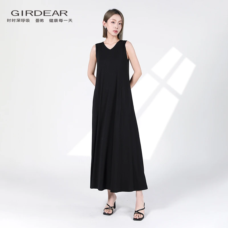 GIRDEAR/哥弟 夏季新款黑色无袖女装连衣裙显瘦宽松长裙女1500550