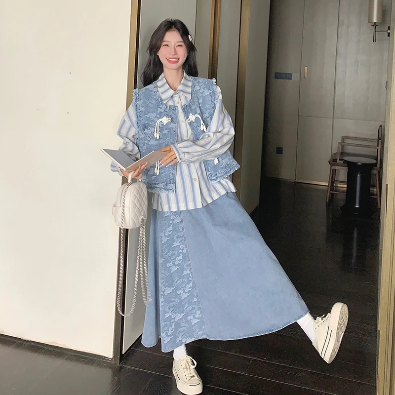 新中式国风显瘦马甲条纹牛仔半身裙套装女2025秋季新款入秋三件套