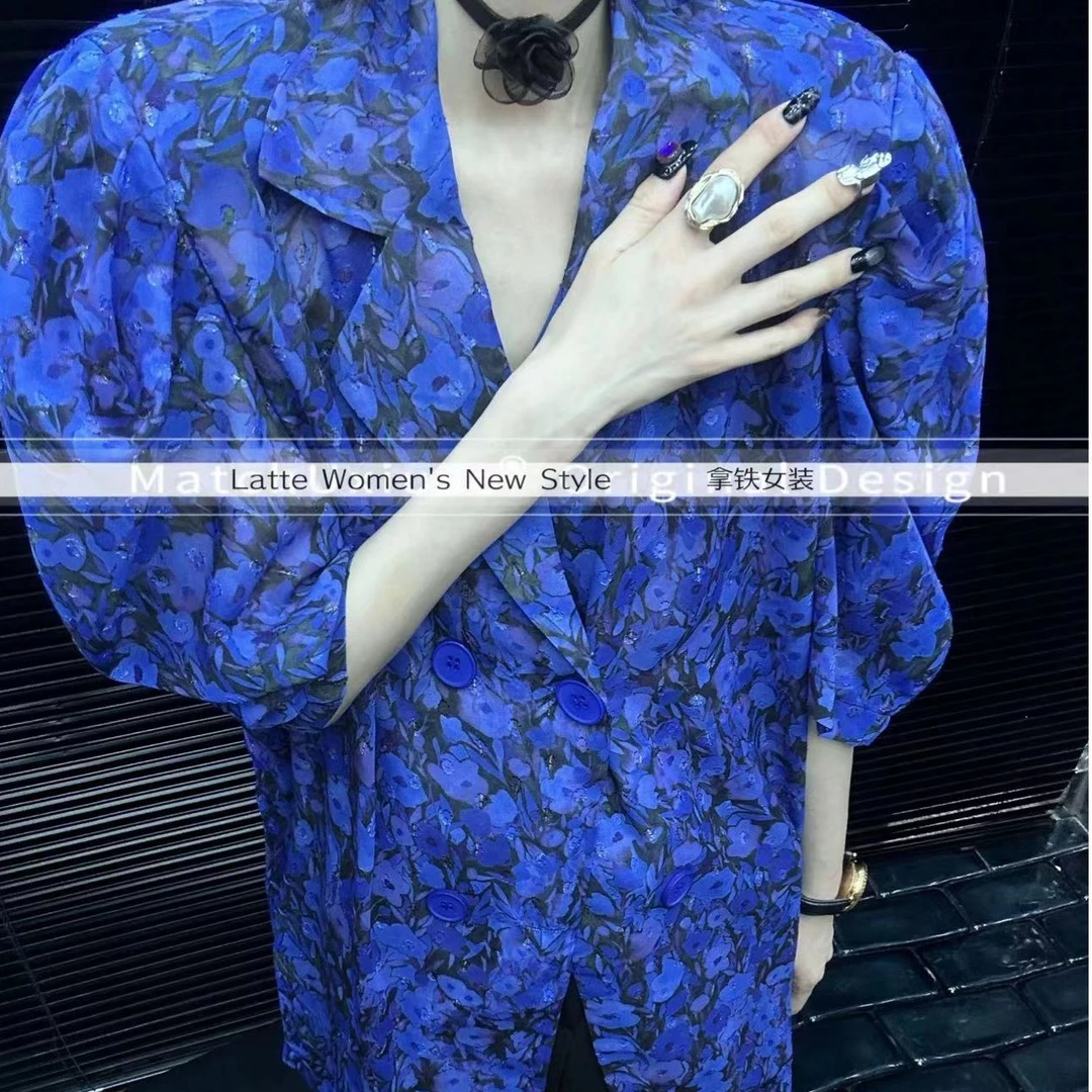 1021（月光之城）复古蓝碎花衬衫女设计感小众西装领古着港风上衣