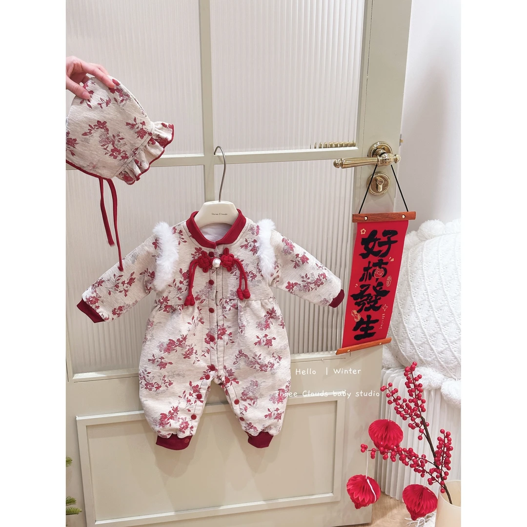 三小朵2438婴幼儿宝宝连体衣秋冬装碎花中式爬服满月周岁加绒连体