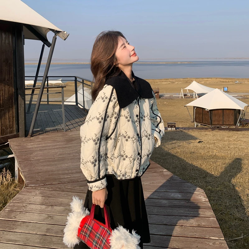 海军领碎花刺绣棉服外套2025冬季新款小众韩系ins风甜美短款棉衣