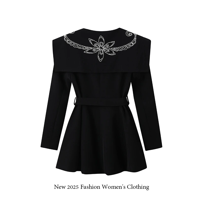 春装新款轻奢海军风翻领珠管绣单排扣系带长袖外套/1340