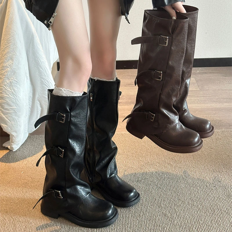 英伦风长筒靴女2025秋冬新款显瘦厚底高筒美拉德堆堆靴裤管骑士靴