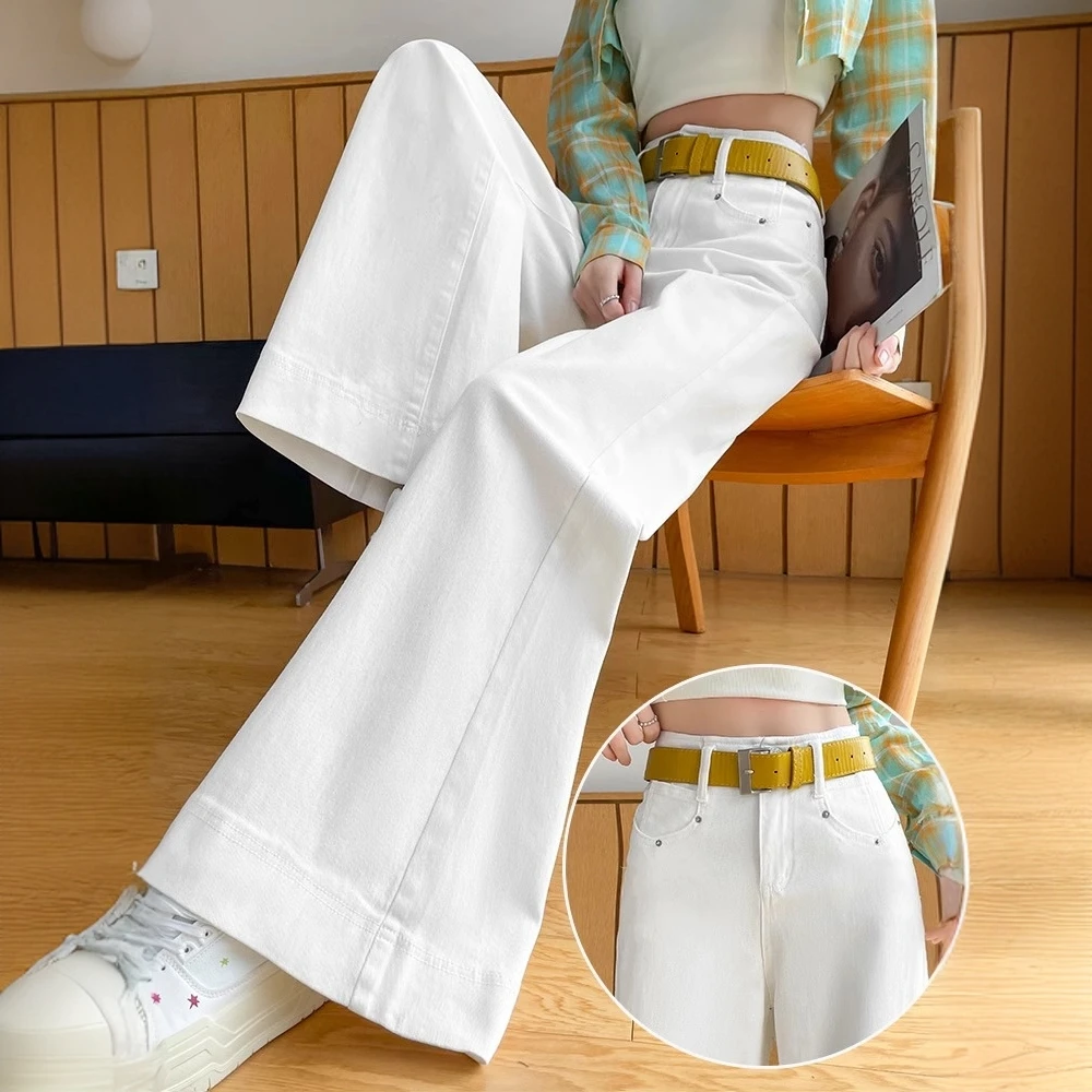 白色弯刀牛仔裤女春季新款大码高腰显瘦潮流百搭宽松慵懒风阔腿裤