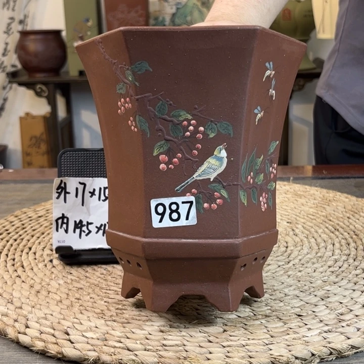 顺***然紫砂花盆随单两只紫泥手绘六方987