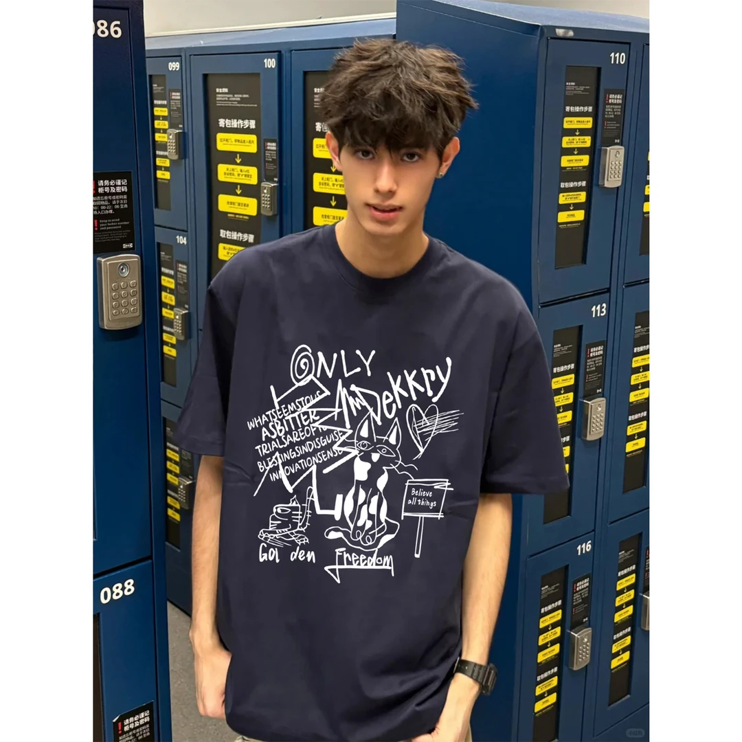 100%纯棉美式创意手绘人物字母印花短袖T恤夏季男女休闲情侣上衣