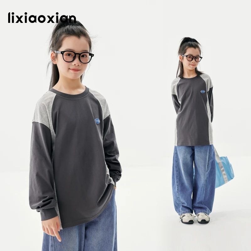 梨小闲女童撞色轻薄长袖T恤中大童插肩上衣儿童新款休闲百搭洋气t