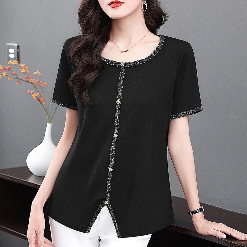 芳妮诗大码女装黑色短袖t恤女2025新款今年流行圆领小香风上衣夏