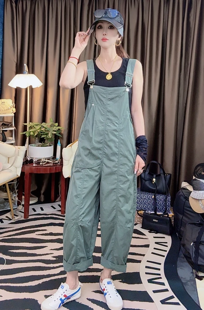 韩系风墨绿色显瘦背带裤6395