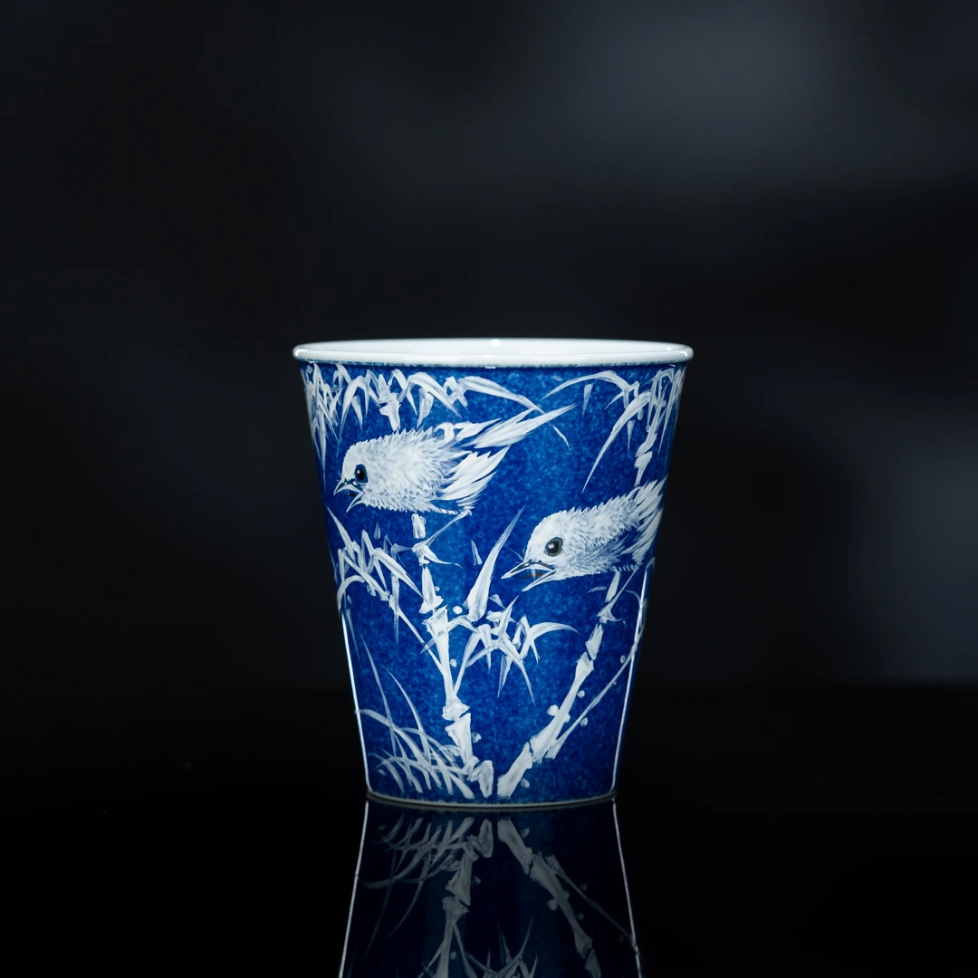 吴健洒蓝堆白竹鸟可乐杯223cc高8.9cm家用茶周边