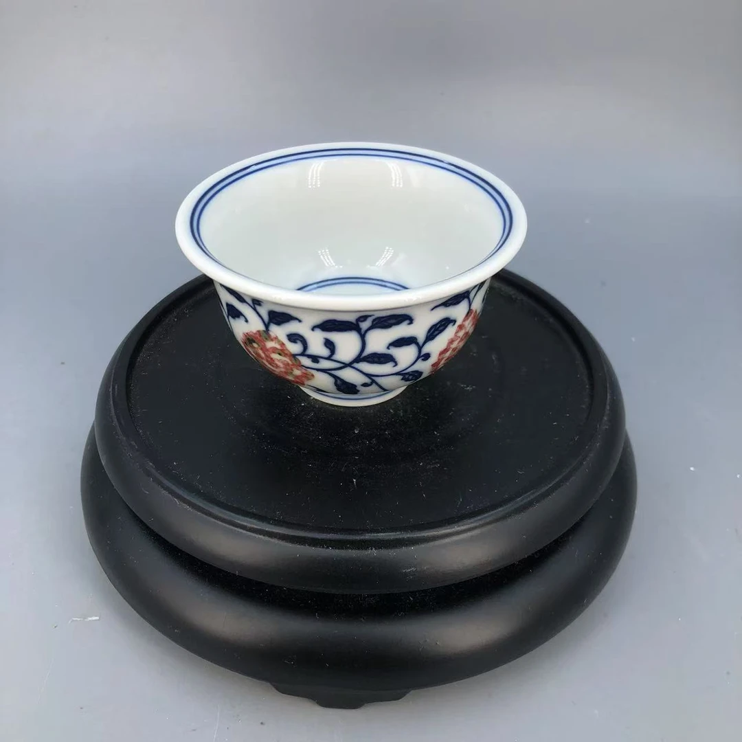 【景德】毛仔柴窑 青花釉里红缠枝莲小压手杯 陶瓷 mzcy0248