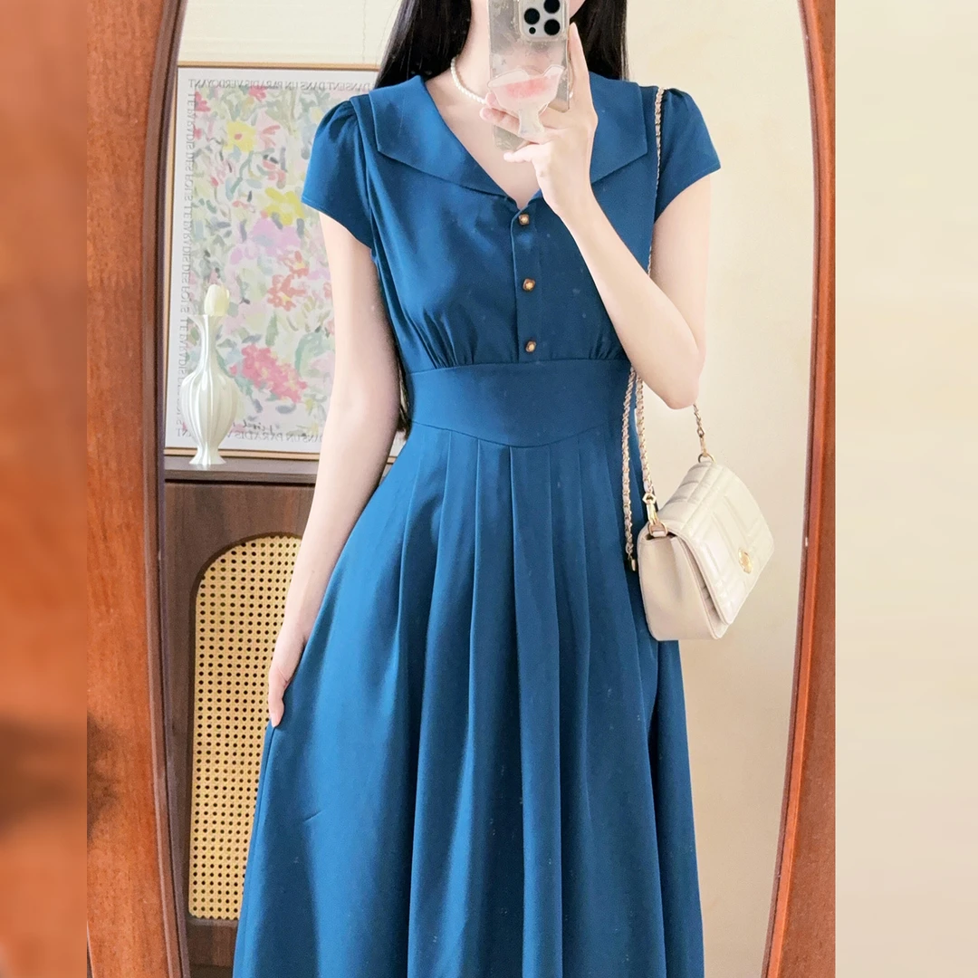 法式蓝色衬衫连衣裙子女装夏季2025新爆款知性风衣服掐腰气质长裙