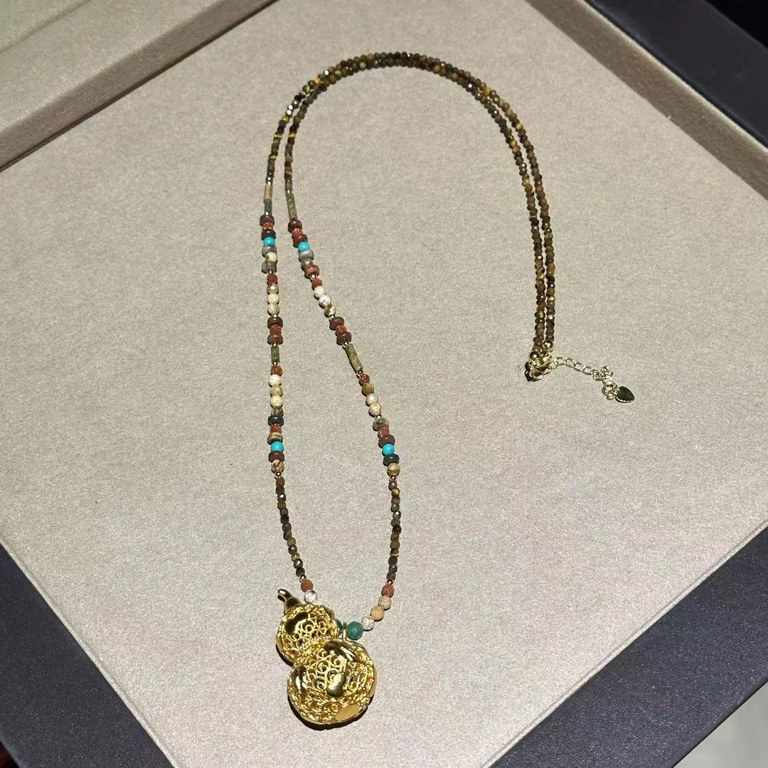 铜合金仿水晶项链 新中式镂空葫芦串珠项链