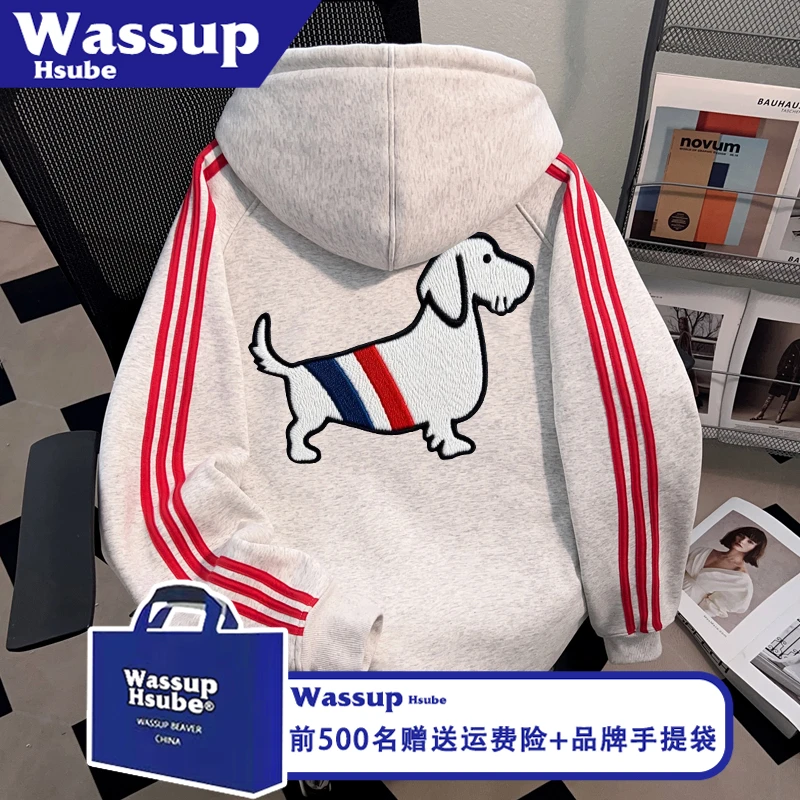 WASSUP HSUBE秋潮流卡通小狗印花卫衣男女连帽宽松舒适三条杠上衣
