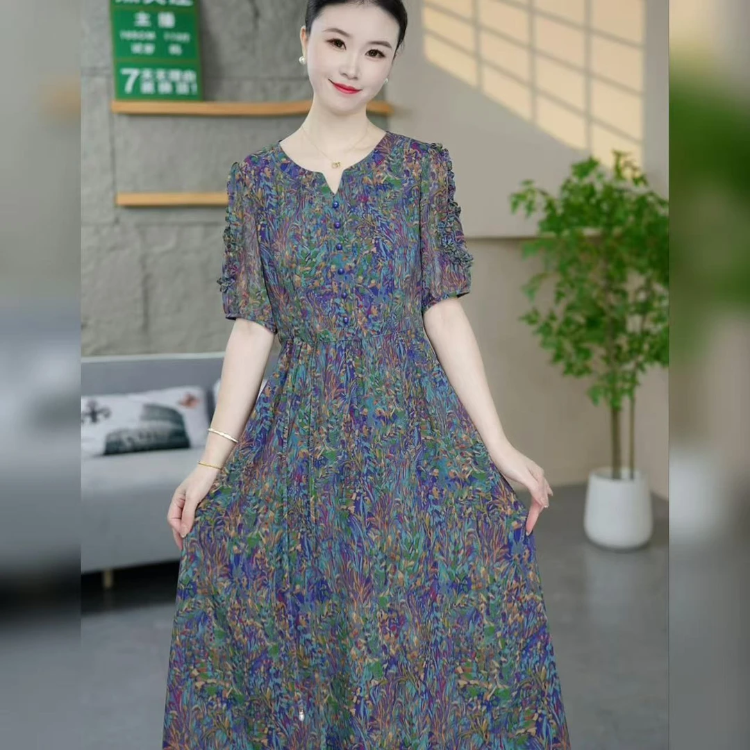 2025夏季新款时尚洋气端庄高档优雅妈妈装气质减龄收腰中长连衣裙