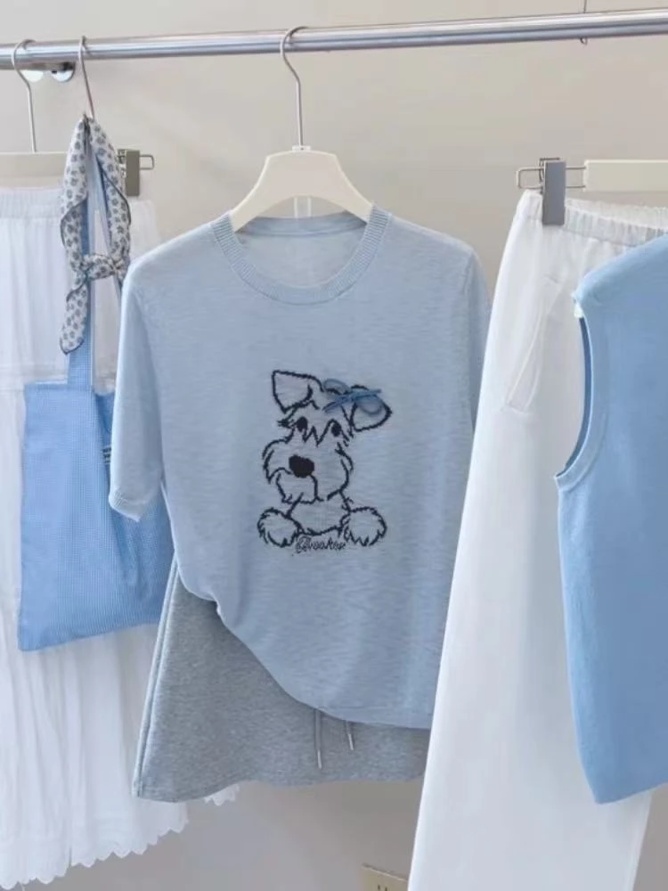 小雅姐姐 夏季减龄小狗针织圆领短袖T恤衫IU55