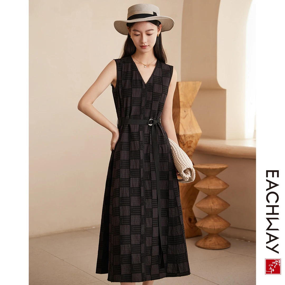 艺之卉【100%棉】撞色棋盘格纹连衣裙2025春夏A字无袖长裙女