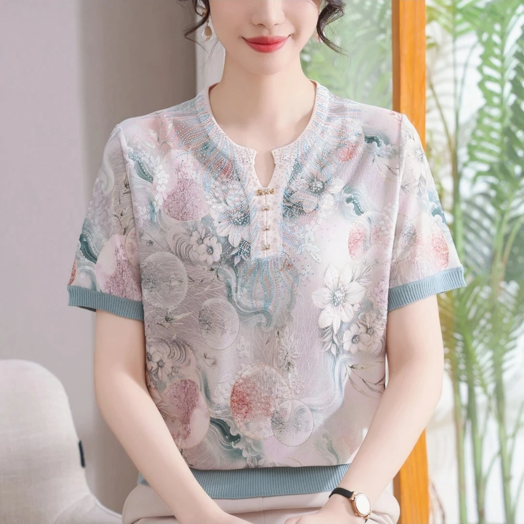 妈妈夏装短袖小衫洋气冰丝t恤中老年女装宽松显瘦气质针织上衣薄