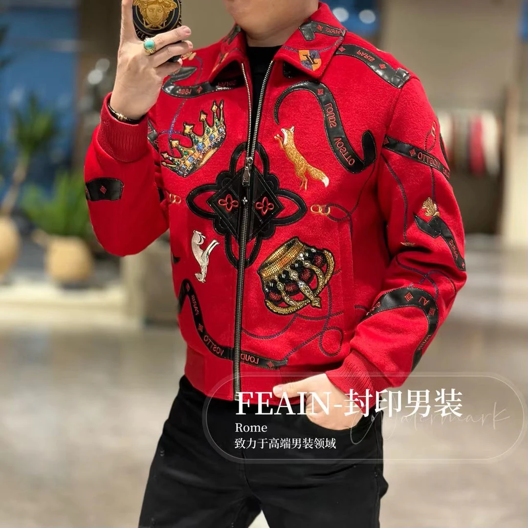 【鹅绒羊毛】高端定制全手工刺绣羊毛鹅绒男装夹克8191