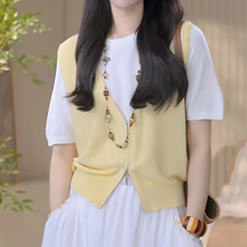 时尚设计感假两件针织衫女2025夏季新款冰丝网红别致舒适感上衣女