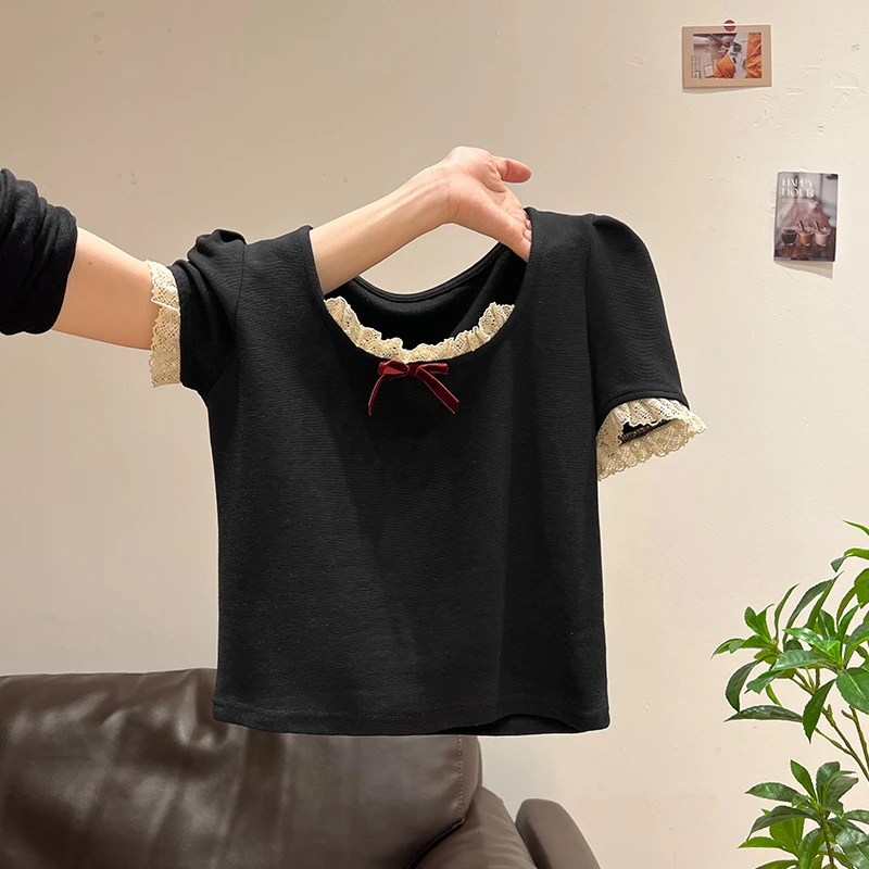 韩系方领蕾丝花边拼接短袖T恤女2025夏季新款修身蝴蝶结短款上衣