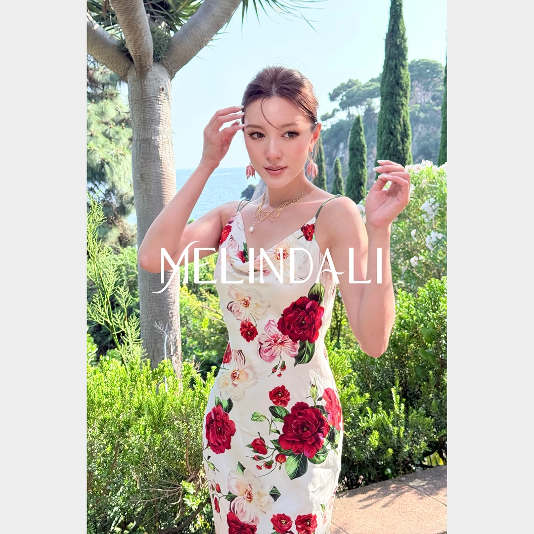 Melinda Li【西西里女主】重磅18mm桑蚕丝玫瑰印花斜裁吊带连衣裙