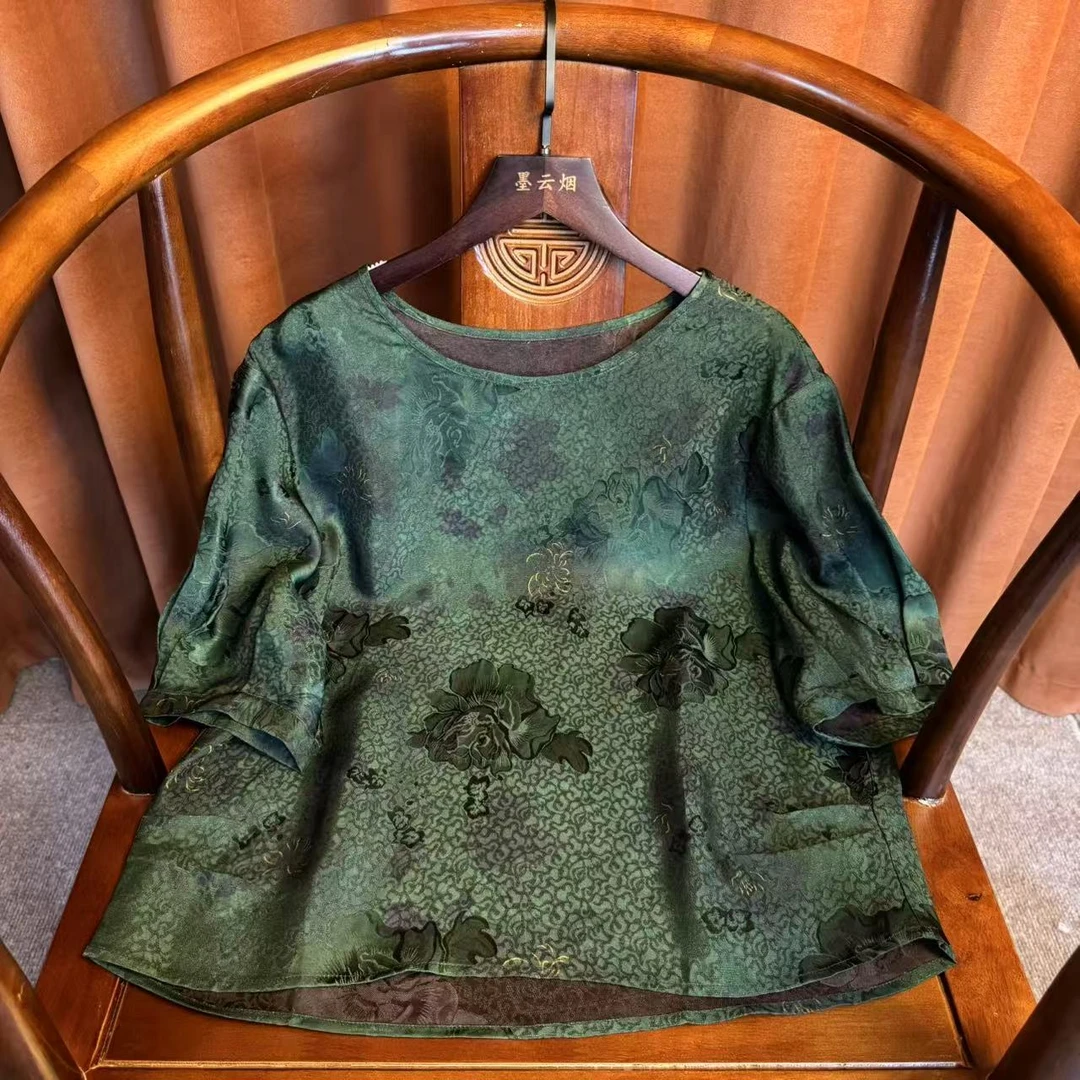 【楚齐】新中式小衫薄款短款圆领时尚中袖提花上衣中国风宽松女装