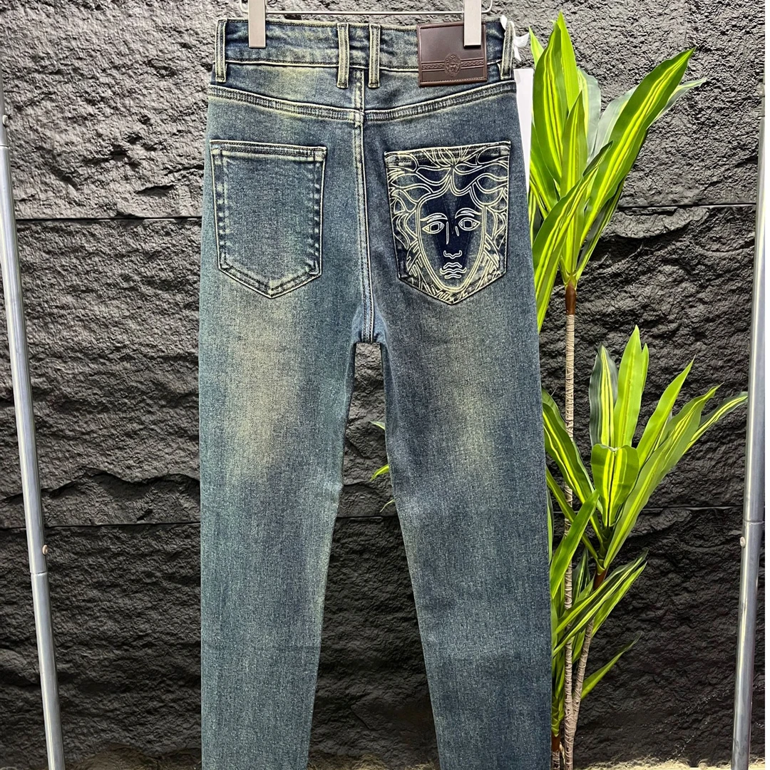 AW轻奢时尚弹力牛仔裤蓝色潮流修身复古小众做旧直筒