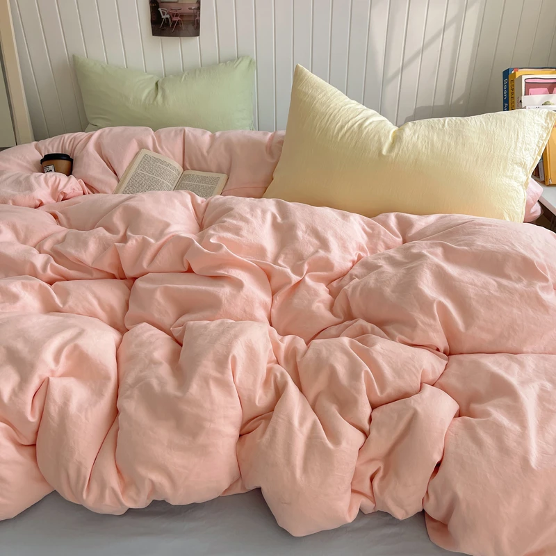 简约风潮纯色双拼ins风水洗棉床上四件套柔软亲肤床单被套宿舍