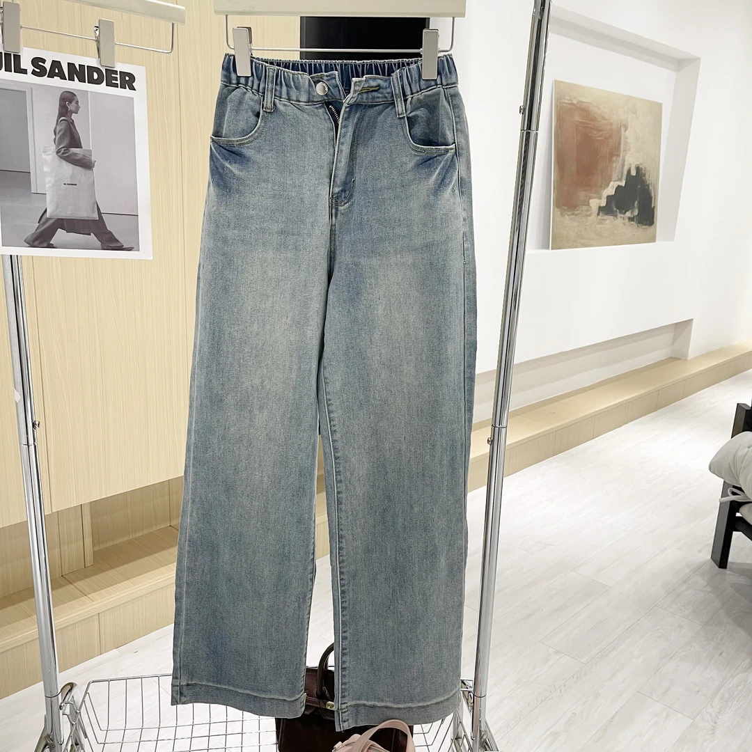 芊芊大码韩版复古宽松显瘦松紧腰直筒牛仔裤休闲百搭【JQ70002】