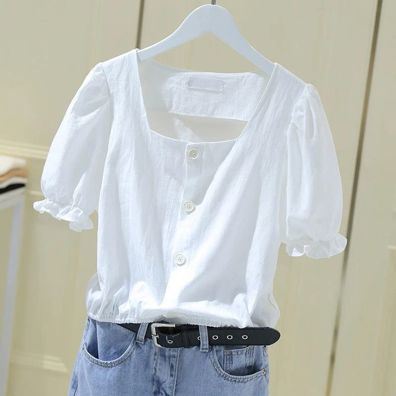 宽松泡泡袖衬衫女方领2025新款夏季韩版露锁骨法式短款纽扣上衣女