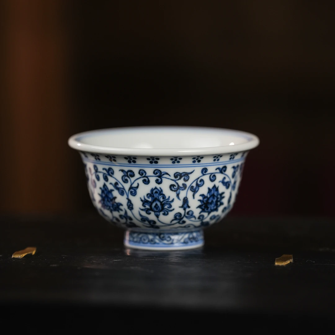 三方器合缠枝莲双狮大压手杯景德镇手工手绘陶瓷茶器