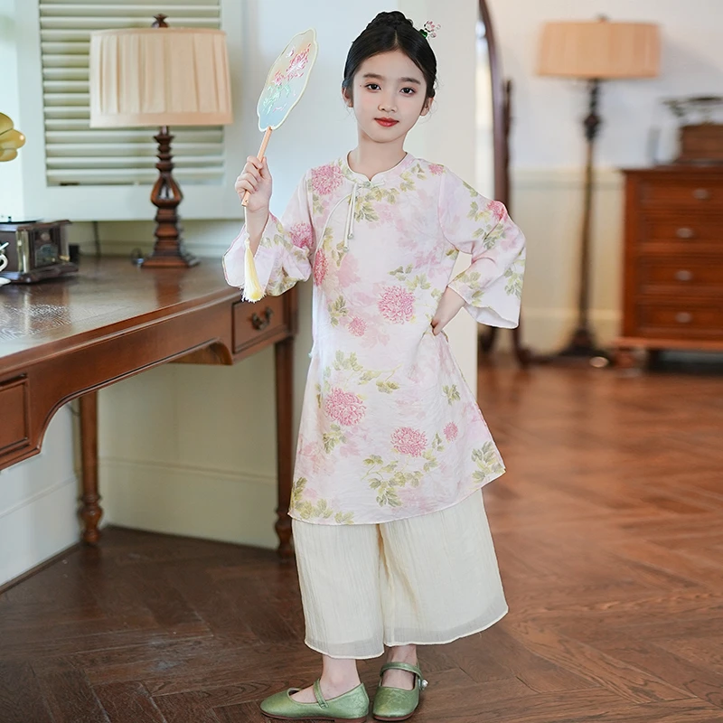 0769552新中式两件套女童装夏款盘扣印花上衣裤子古风演出服套装