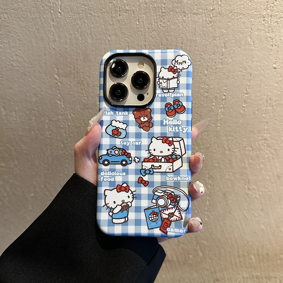 格子凯蒂菲林二合一适用苹果华为VIVOOPPO小米手机壳16PRO/15防摔