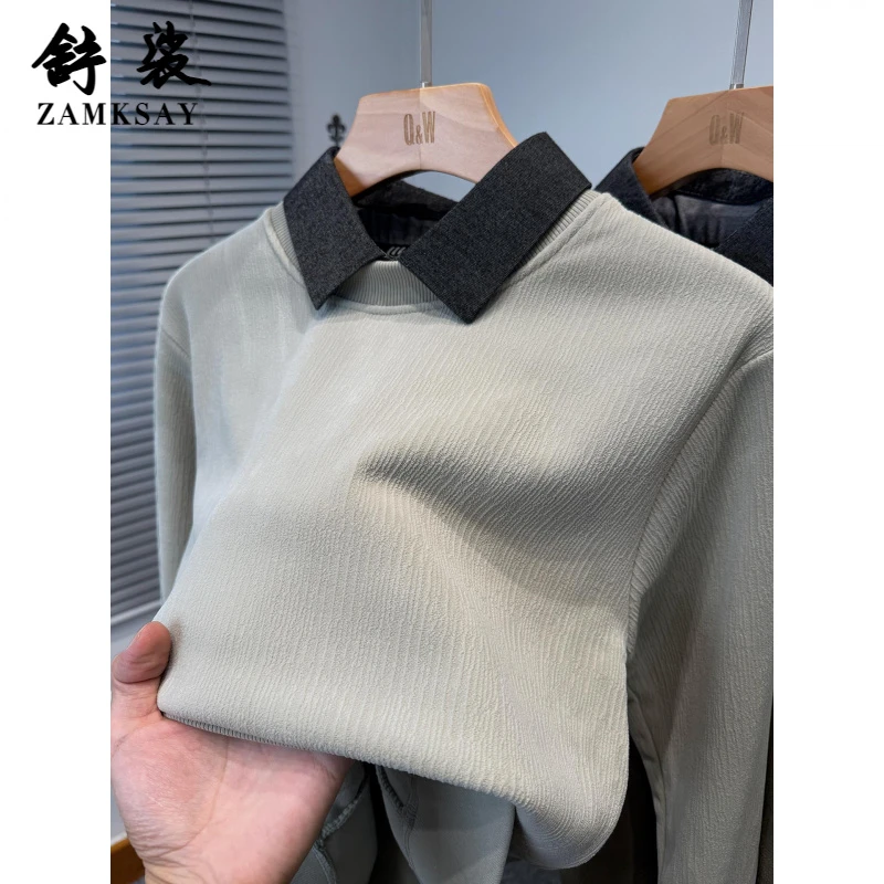 丝绒衬衫领假两件卫衣男款加绒加厚秋冬季中年纯色百搭上衣服内搭