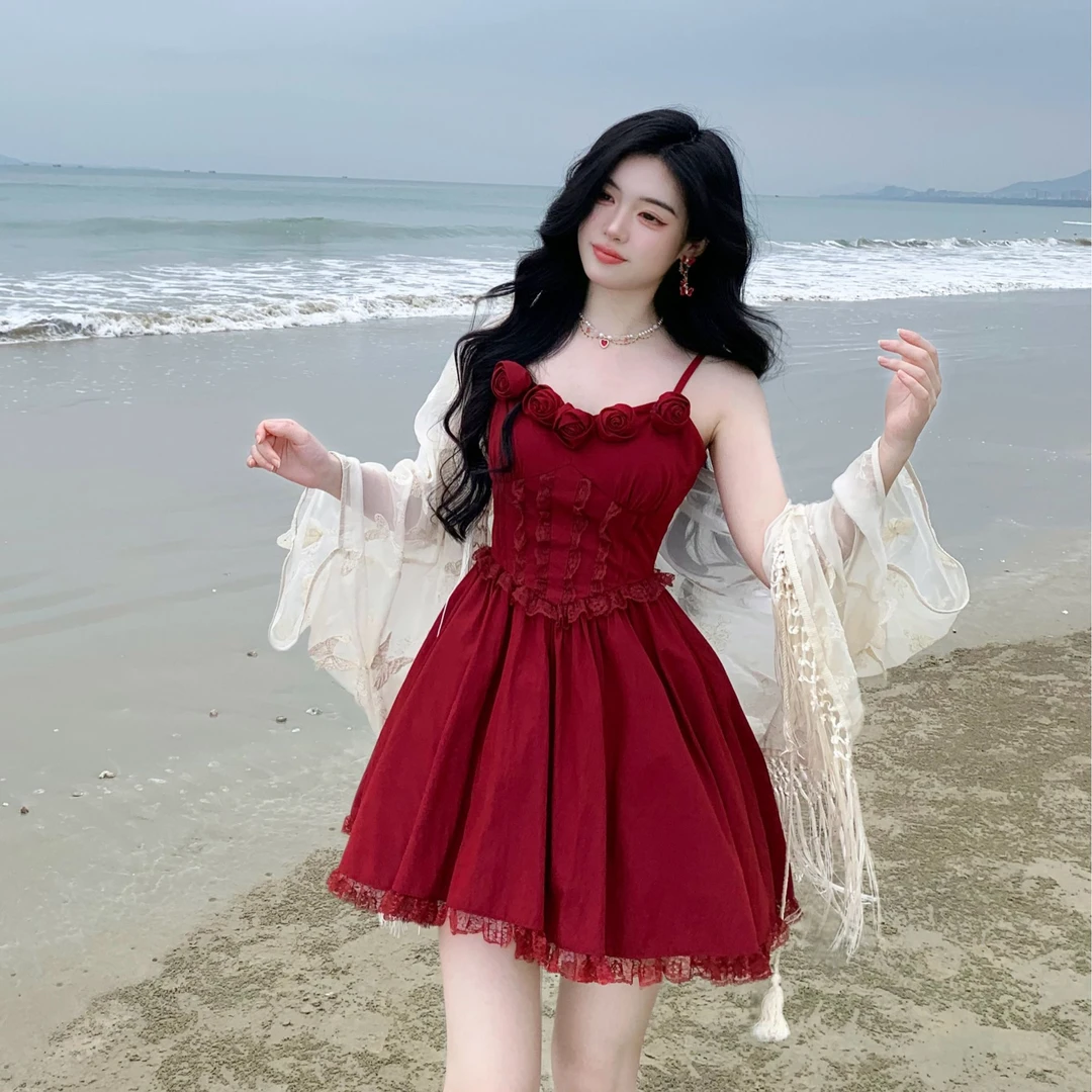 Blovelan蔷薇礼旦 纯欲热辣立体玫瑰蕾丝花边收腰吊带裙