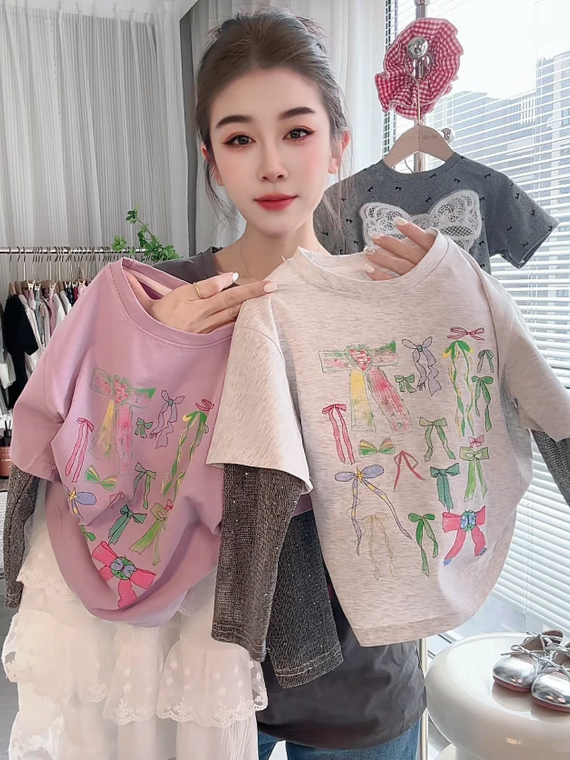 蝴蝶结涂鸦T恤25新款宽松女童亲子装烫钻百搭防晒透气洋气