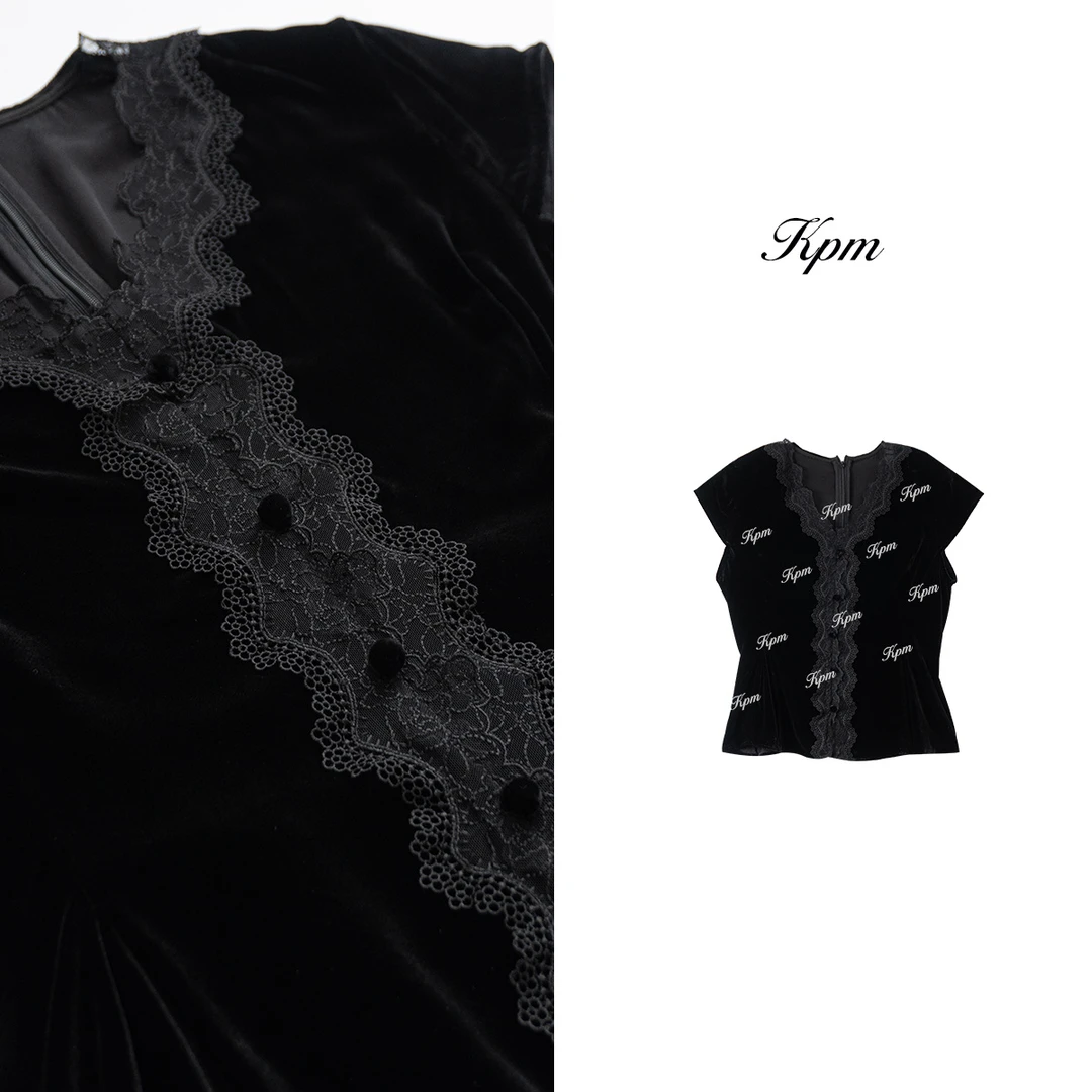 2025夏季新品设计师款洋气时尚V领拼蕾丝显瘦百搭瓦袖上衣JN8075