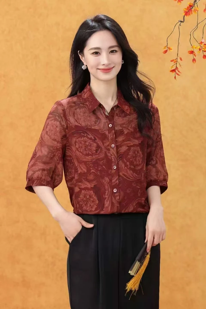时尚翻领七分袖衬衫显瘦百搭998